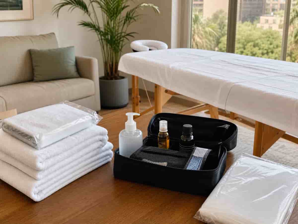 Clean home massage equipment prepared before the session